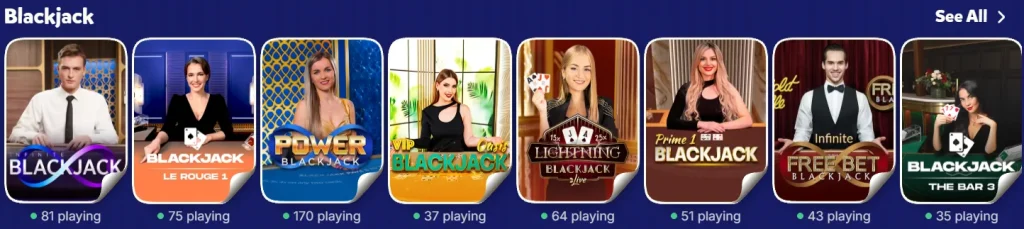Bananzia Casino blackjack lobby showing multiple live blackjack tables with dealers and player counts