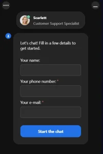 Bananzia Casino live chat form with Scarlett support showing name, phone and email input fields