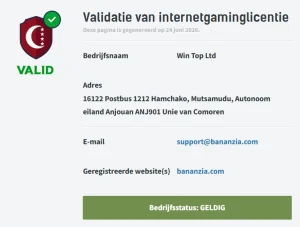 Bananzia Casino internet gaming licence validation page showing Win Top Ltd company details and valid Anjouan licence status