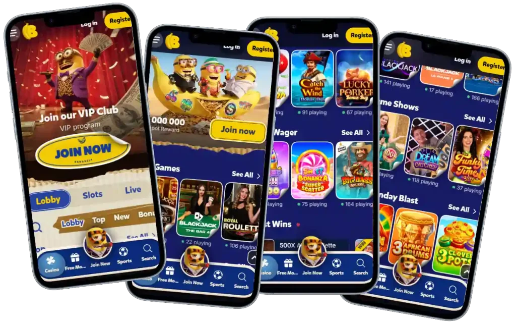 Bananzia Casino mobile app shown on four smartphones displaying lobby, slots, blackjack and live casino game sections