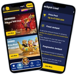 Bananzia Casino mobile app shown on two smartphones featuring VIP program and jackpot promotion screens with join now buttons
