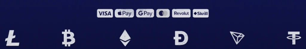 Bananzia Casino payment methods showing Visa, Apple Pay, Google Pay, Revolut, Skrill and crypto currencies