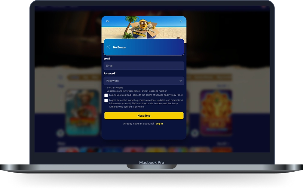 Bananzia Casino registration form displayed on MacBook Pro showing signup fields, email and password inputs with next step button