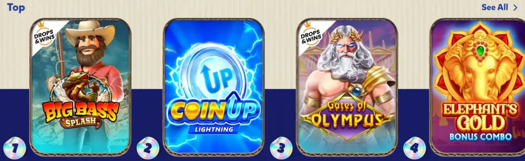 Bananzia Casino top slots selection showing popular slot games including Big Bass Splash, Coin Up Lightning, Gates of Olympus and Elephant’s Gold