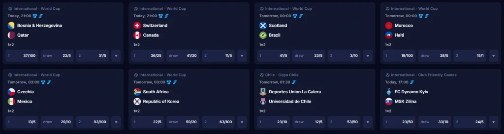 Bananzia Casino sportsbook interface showing World Cup matches with betting odds and upcoming football games